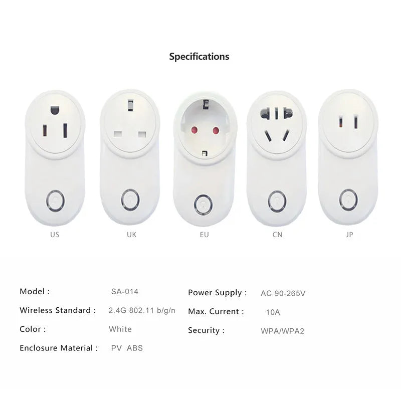A white smart WiFi socket with either a UK 3-pin or US 2-pin plug, shown with the ewelink app on a smartphone.