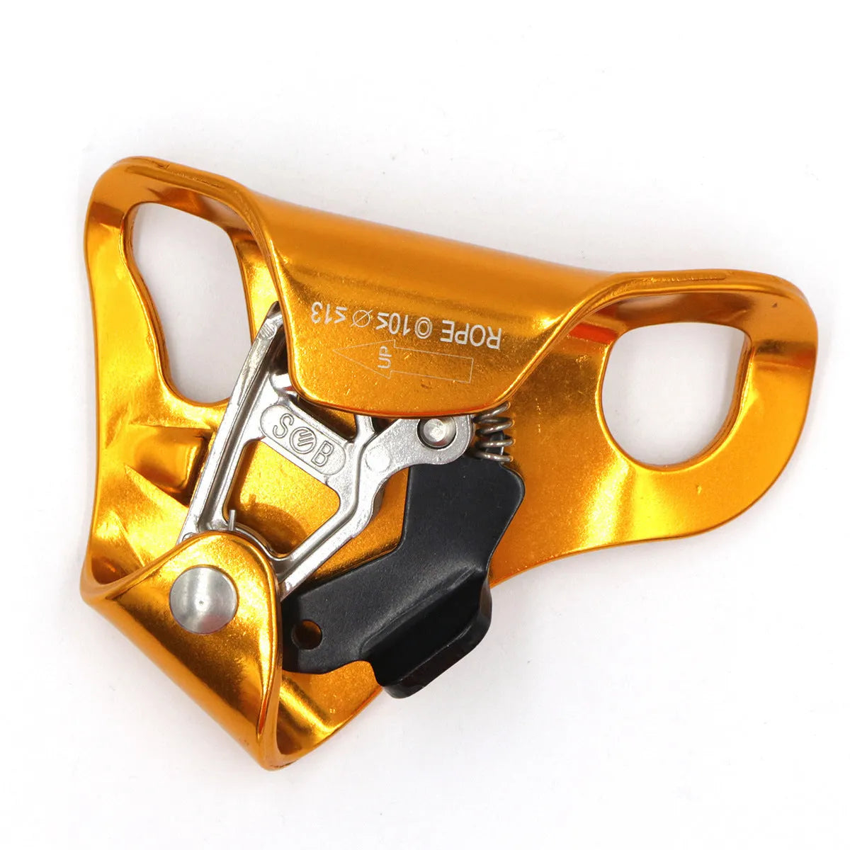 Yellow pre-abdominal ascender made from 7075 aluminium alloy for rope climbing