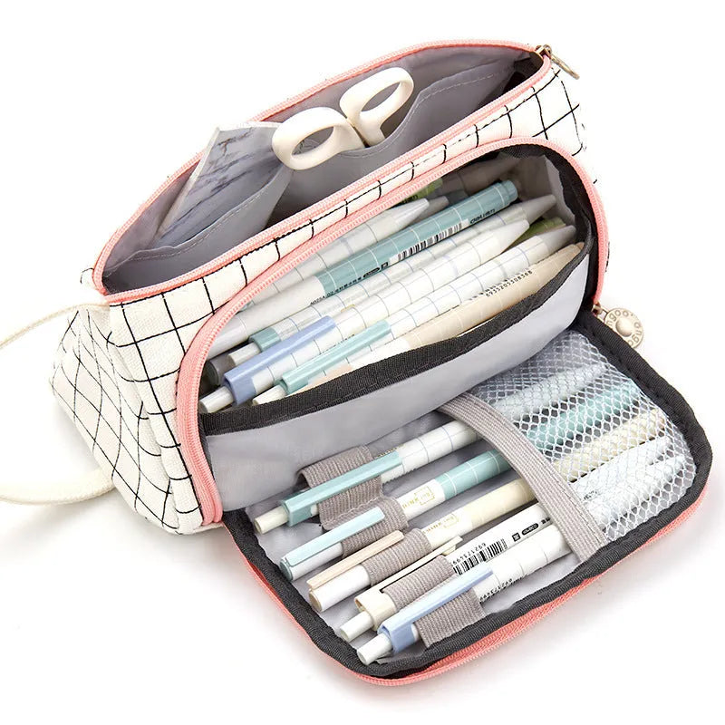 Square canvas pencil case with striped pattern, Korean style, in one of 15 colours