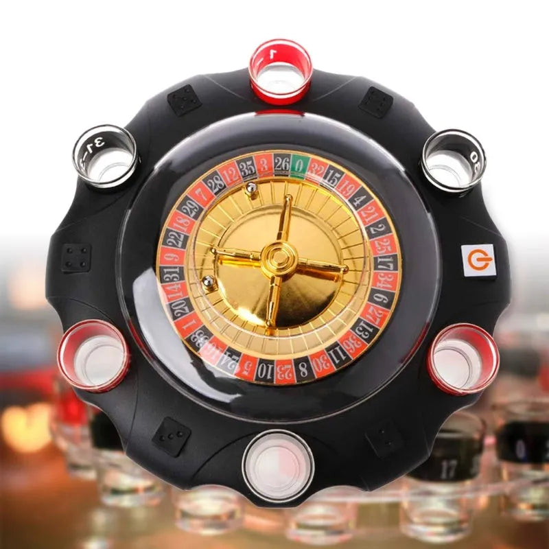 Electric roulette drinking game set with acrylic turntable, two steel balls and six red and black numbered shot glasses