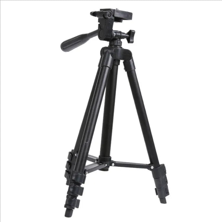 Lightweight aluminium alloy camera phone tripod with 3D pan/tilt head and quick release plate, silver or black.