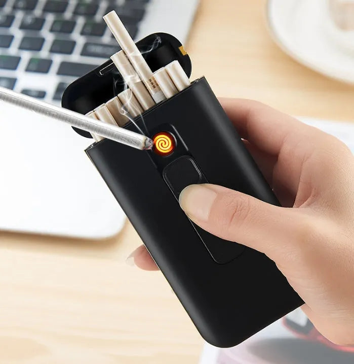 Plastic cigarette lighter in golden colour with compact body and flame, 118x55x25mm box