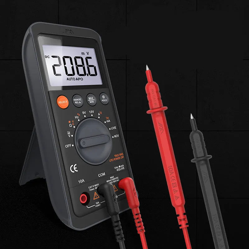 High precision digital multimeter with LCD display, black casing, 153 x 70 x 53 mm, battery powered.