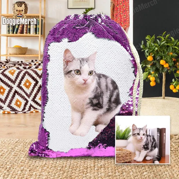 Custom purple sequin backpack with a personalised dog photo print and drawstring opening.