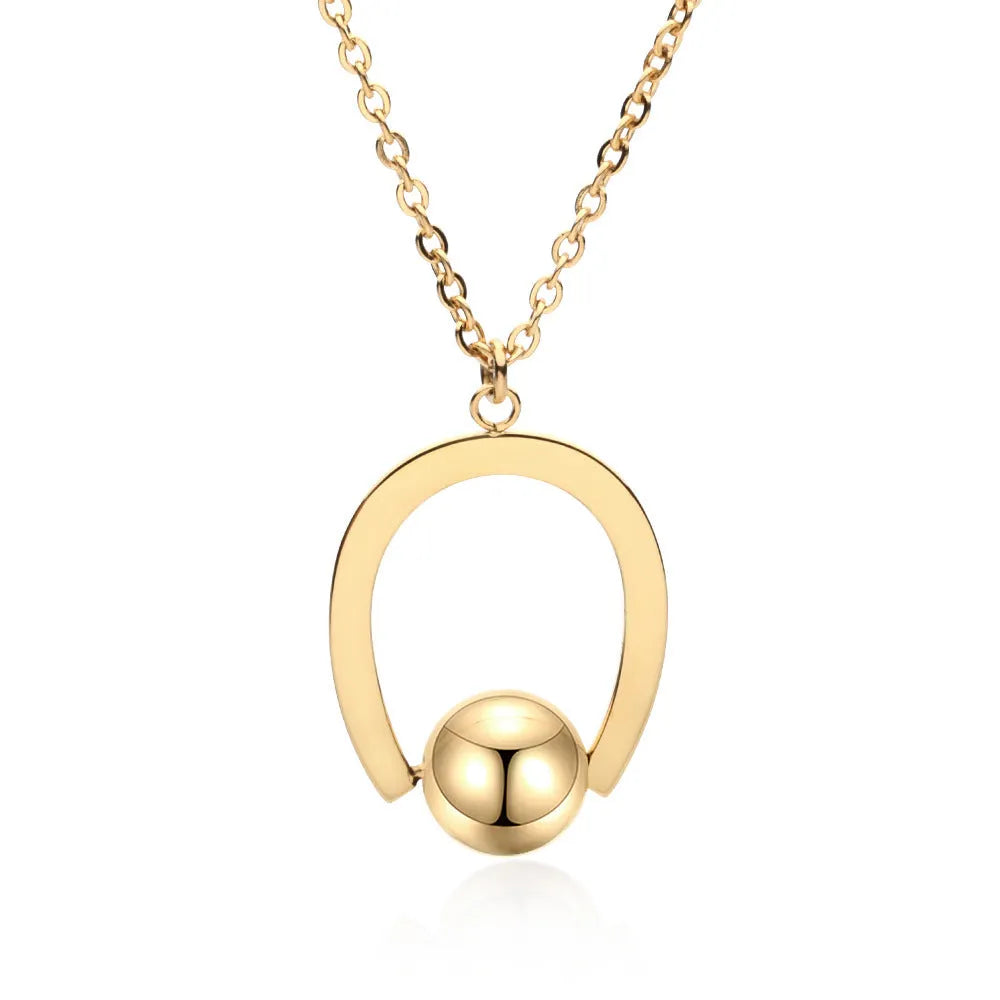 Adjustable stainless steel necklace with geometric pendant on a cross chain, shown in gold colour.