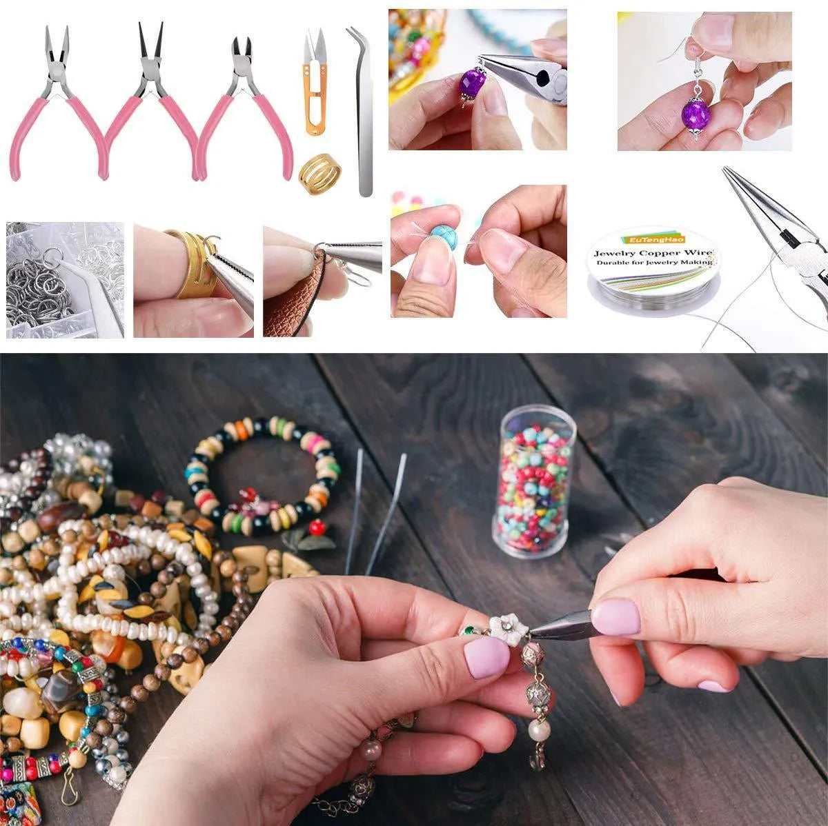 1171pcs crystal beads material set with 2mm glass seed beads in 24 colours and jewellery making tools