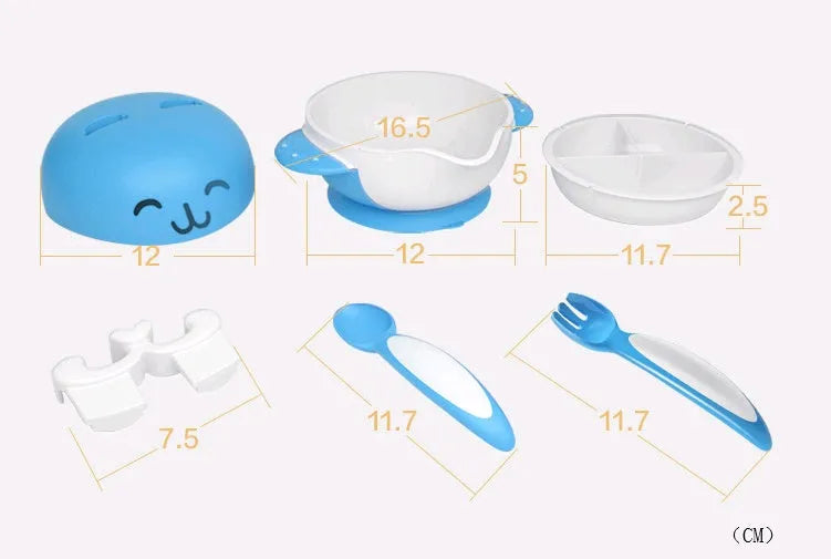 Baby tableware set with polymer antibacterial material, six pieces including bowl, in blue colour option