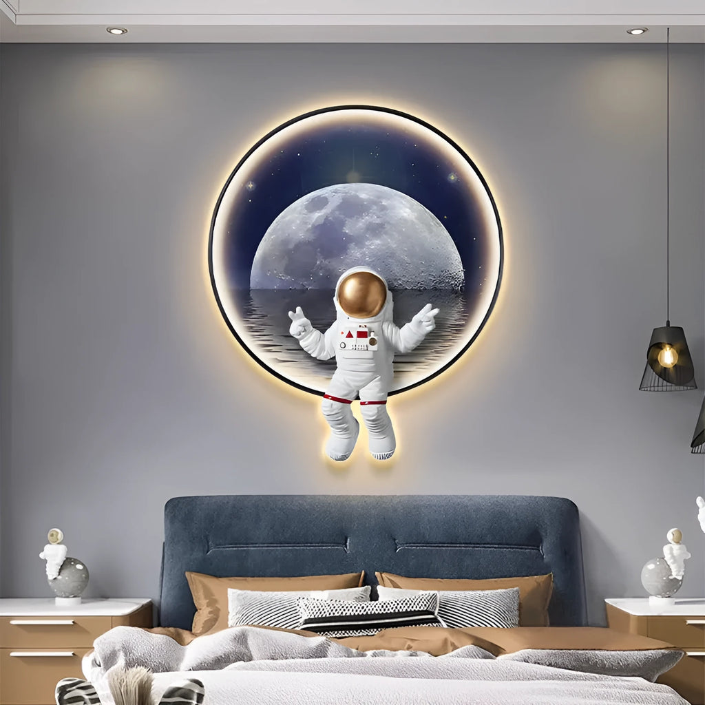 Spaceman astronaut themed children's wall painting with optional USB LED lights on canvas with MDF backing