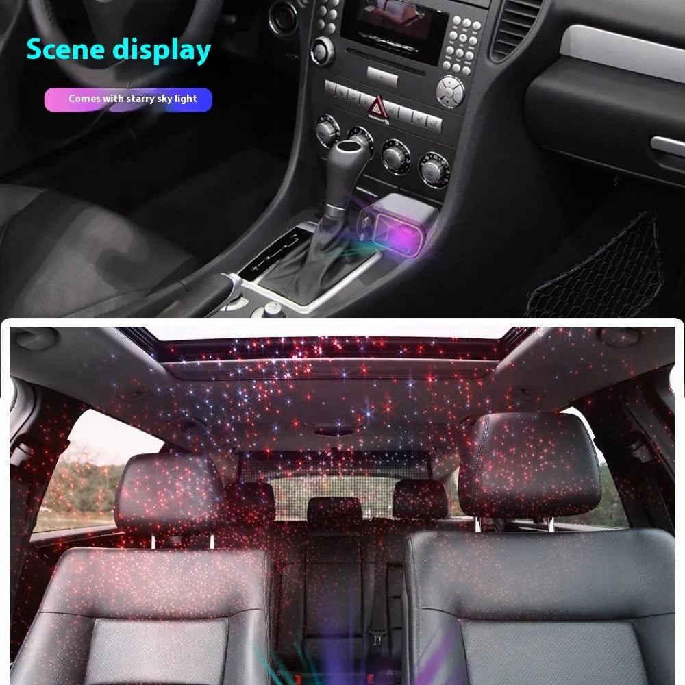 Four-in-one car charger with retractable 80cm cable, starry sky light, USB and Type-C outputs, Black Gray options