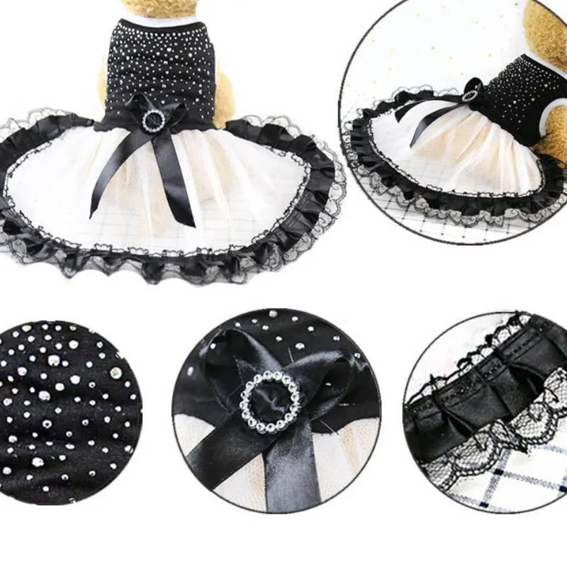 Black spring summer dog clothing in vinylon, sizes XS to L, with bust and back length size chart