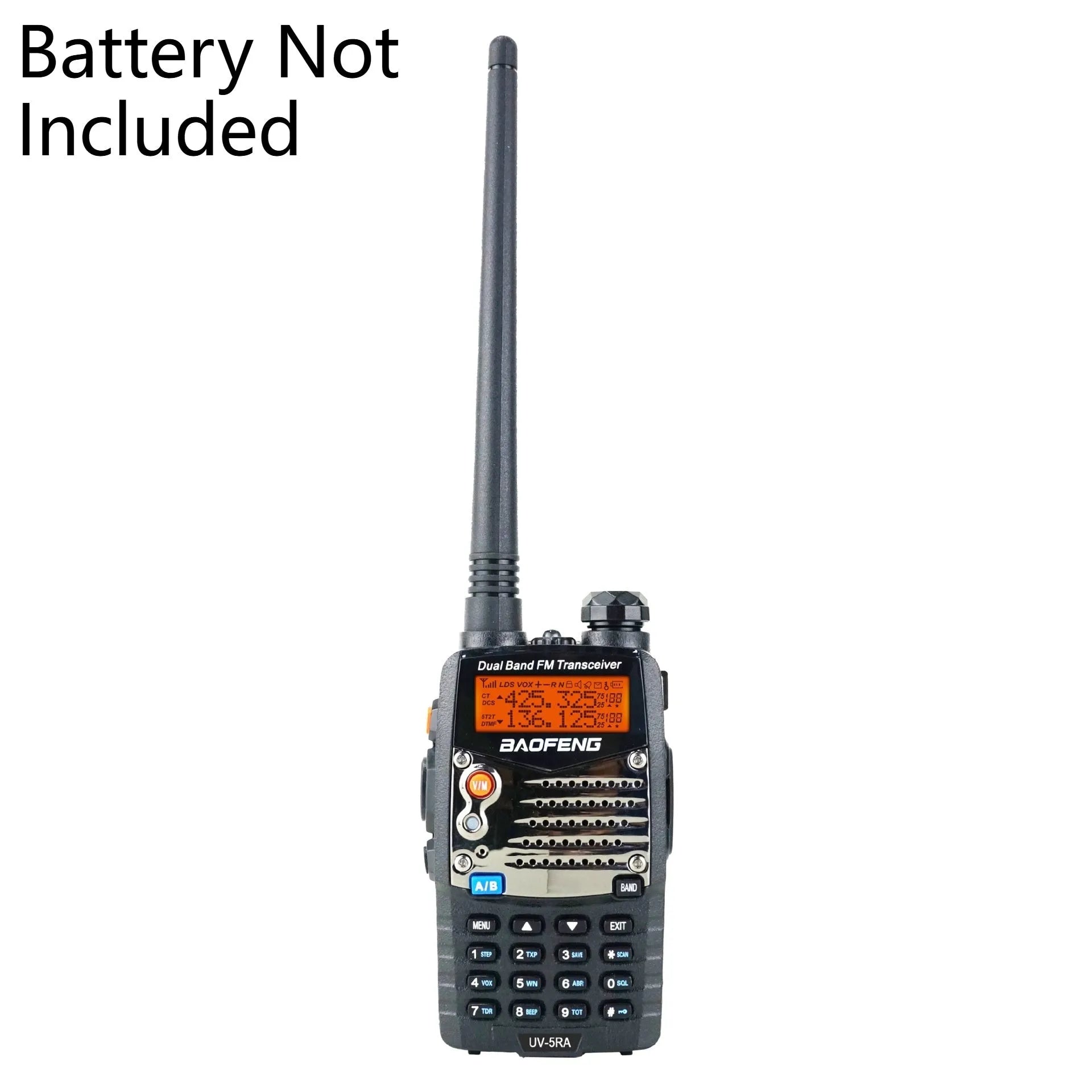 Baofeng UV-5RA black handheld dual-band two-way radio with dual display and antenna