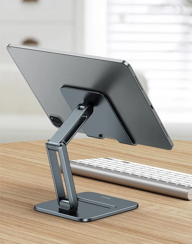Deep space grey aluminium folding stand holding a tablet next to its compact folded size.