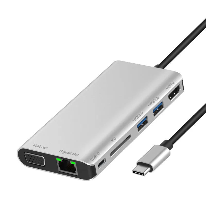 Type-C multifunctional docking station with Gigabit Ethernet, PD charging, SD reader, USB3.0, 4K 30Hz, 160mm cable, Black