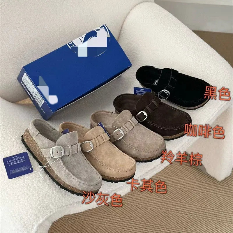 Unisex cow suede mule slippers with cork sole in sand gray colour, side view