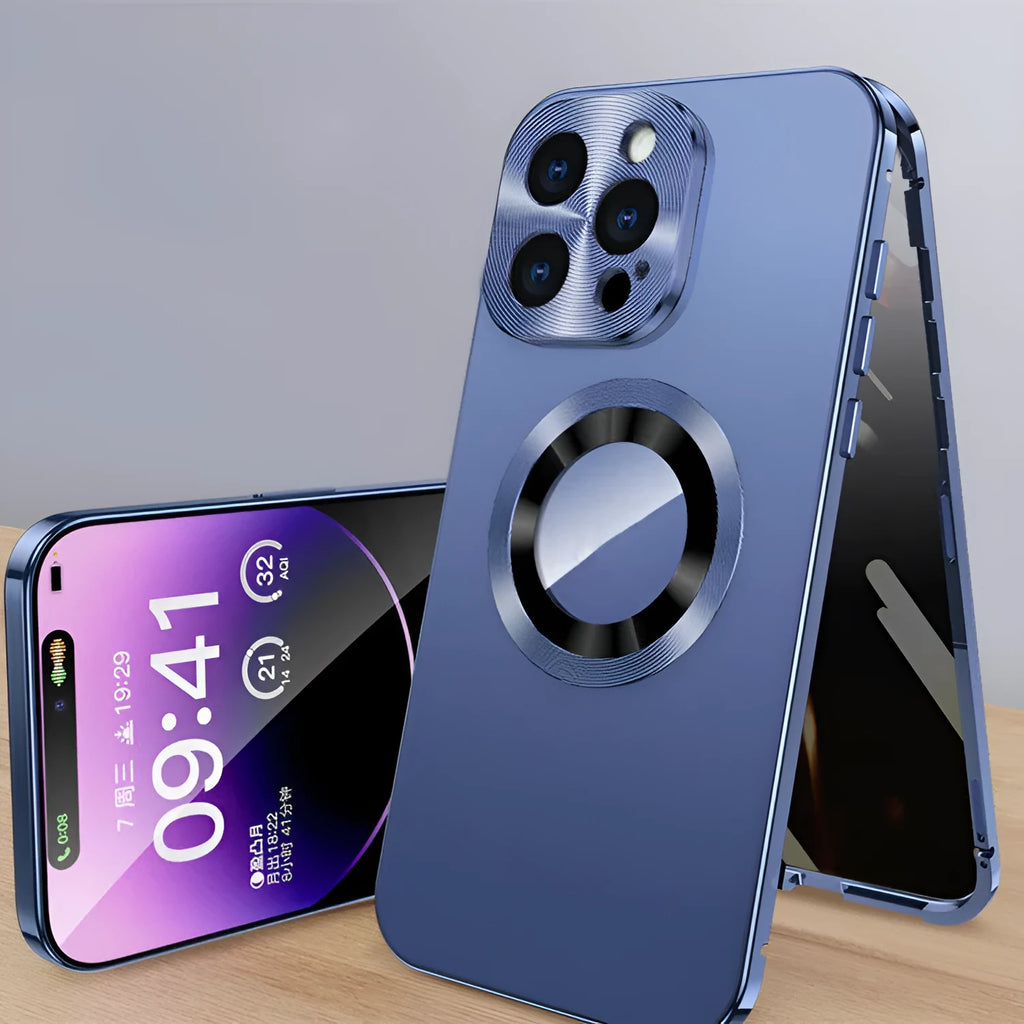 Magnetic iPhone case with anti-peep metal clip and leakage tag in multiple colours for iPhone 12 to 15 models.