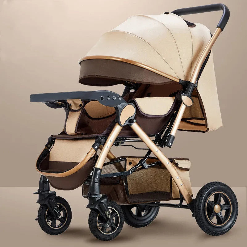 Reversible baby stroller with steel frame, four shock-absorbent wheels, and large storage plate in sky blue colour