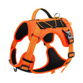 Orange reflective dog vest harness with black hand holding rope and adjustable explosion-proof breast strap.
