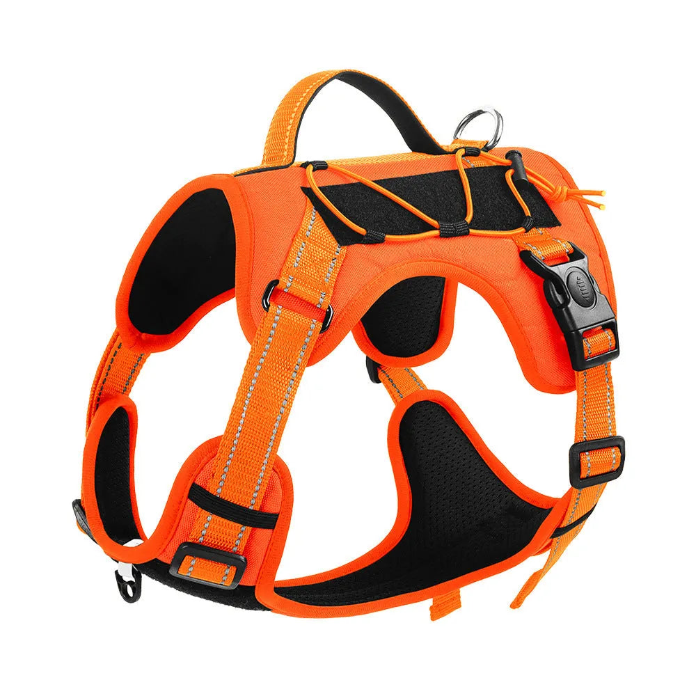 Orange reflective dog vest harness with black hand holding rope and adjustable explosion-proof breast strap.