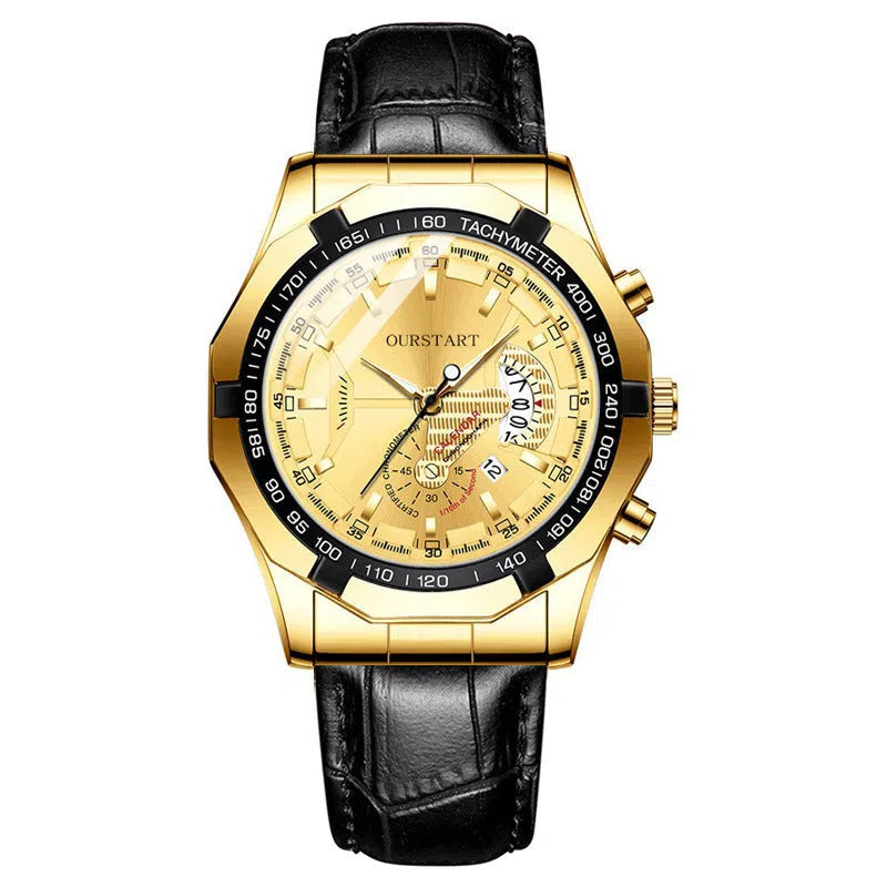Non-mechanical calendar business watch with silver case and black surface, 45mm dial, imitation leather strap