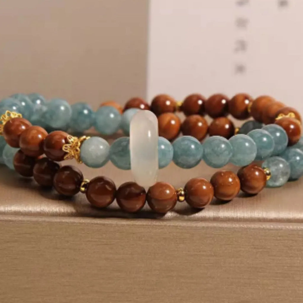 Women's double ring bracelet in cook blue water jade with electroplated finish, natural crystal semi-precious stone, flexible round geometric shape, New Chinese style