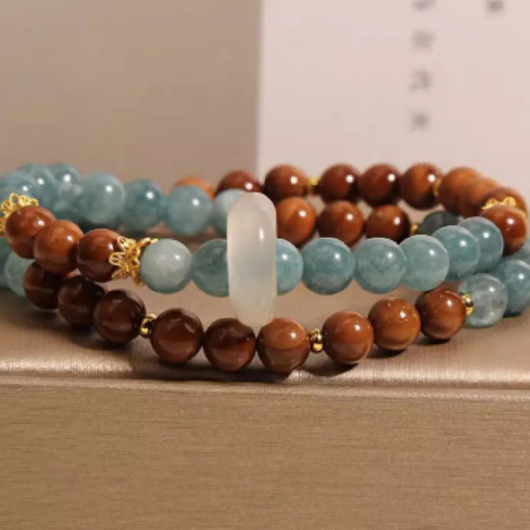 Women's double ring bracelet in cook blue water jade with electroplated finish, natural crystal semi-precious stone, flexible round geometric shape, New Chinese style
