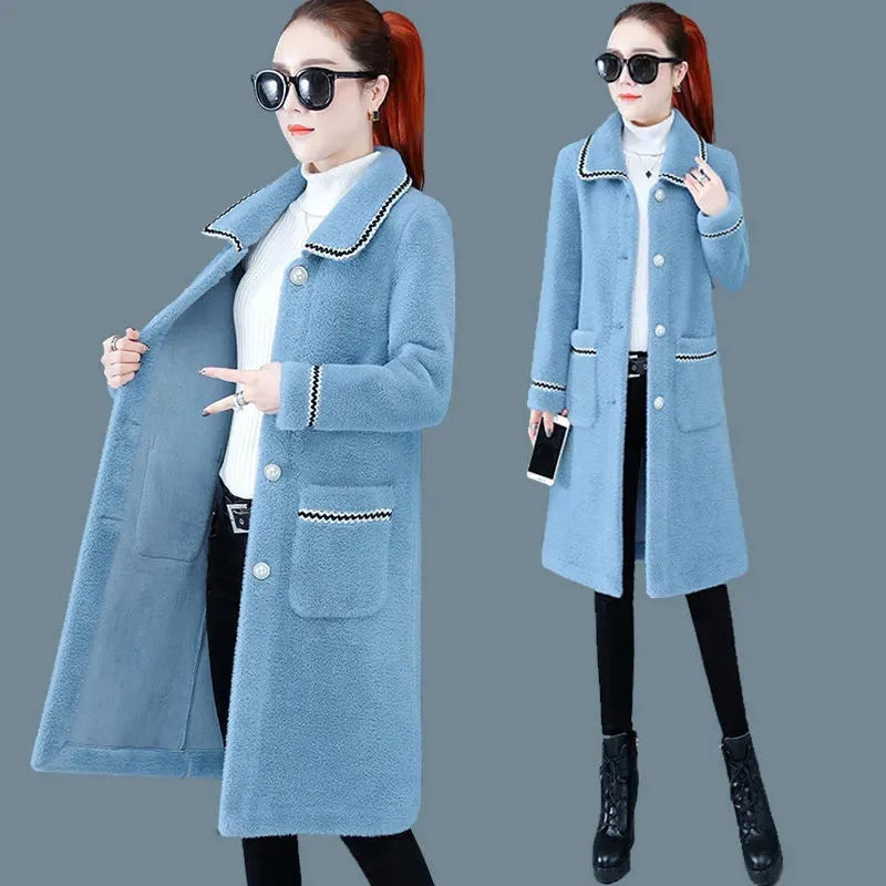 Women's mid-length faux mink fleece coat in blue, straight cut, 3D effect, polyester, no fur collar