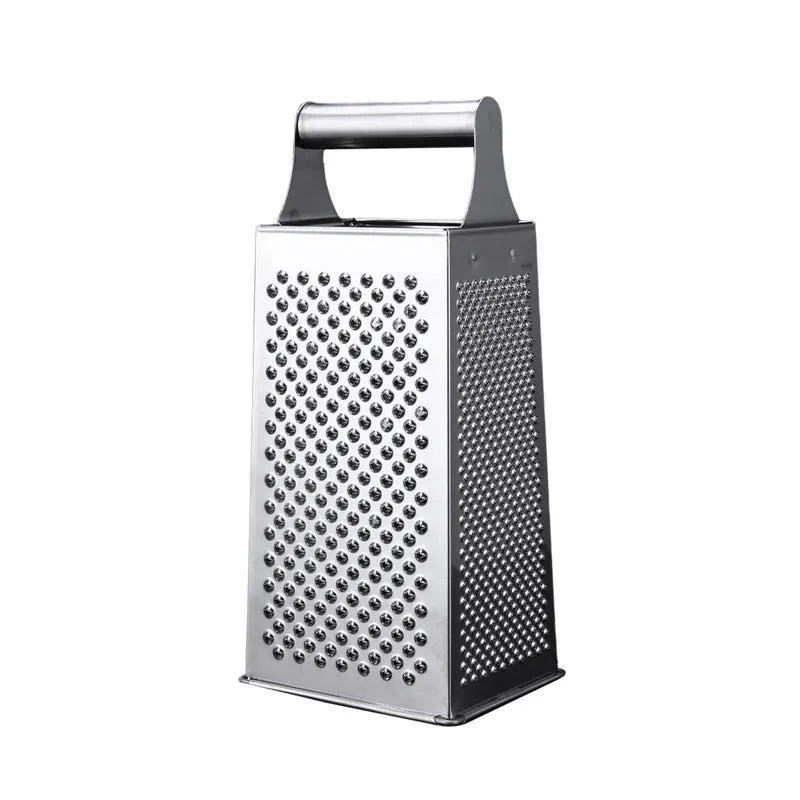 Multifunctional stainless steel vertical grater with cylindrical handle and flat handle options for kitchen use