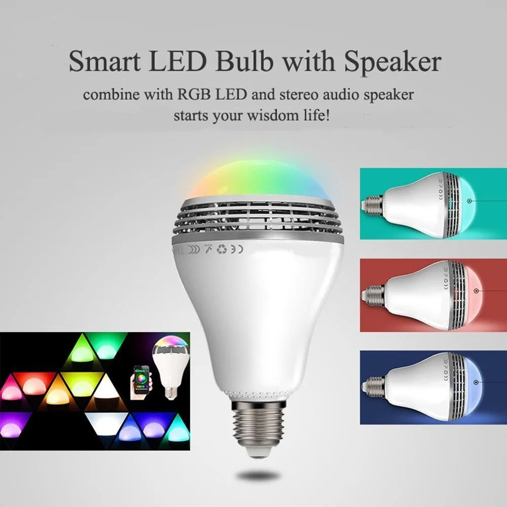 E27 LED smart bulb with built-in Bluetooth speaker, white PC casing, 100x150 mm.