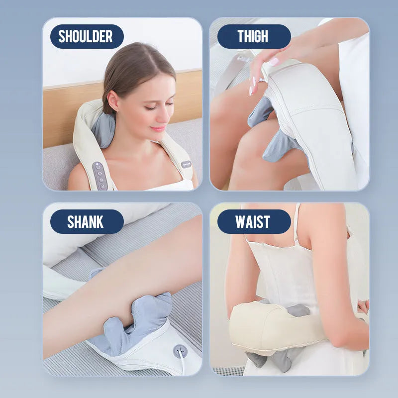 Household electric clip neck massager in beige with shawl design on person, rechargeable with PU leather