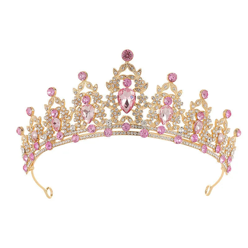 Baroque-style bridal crown hair accessory with rhinestones on an alloy frame in silver and gold colour options.