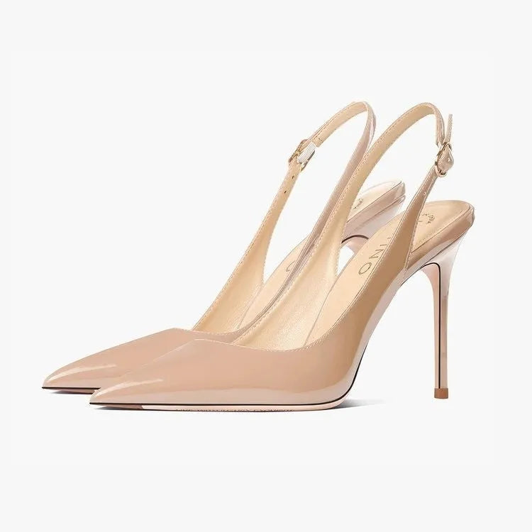 Women's nude high-heeled sandals with an ankle strap and hollow design.