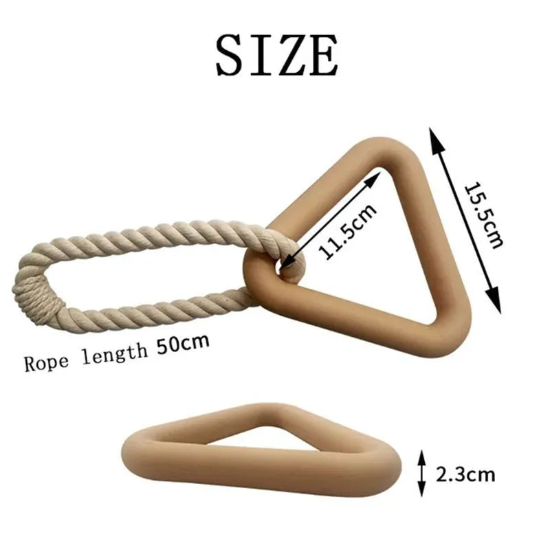 Large triangular cotton rope pull ring dog toy in beige, pink or purple colours