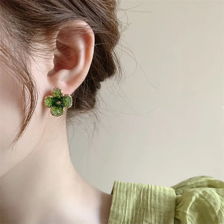 Camellia geometric earrings with crystal inlay on alloy, light luxury style for women