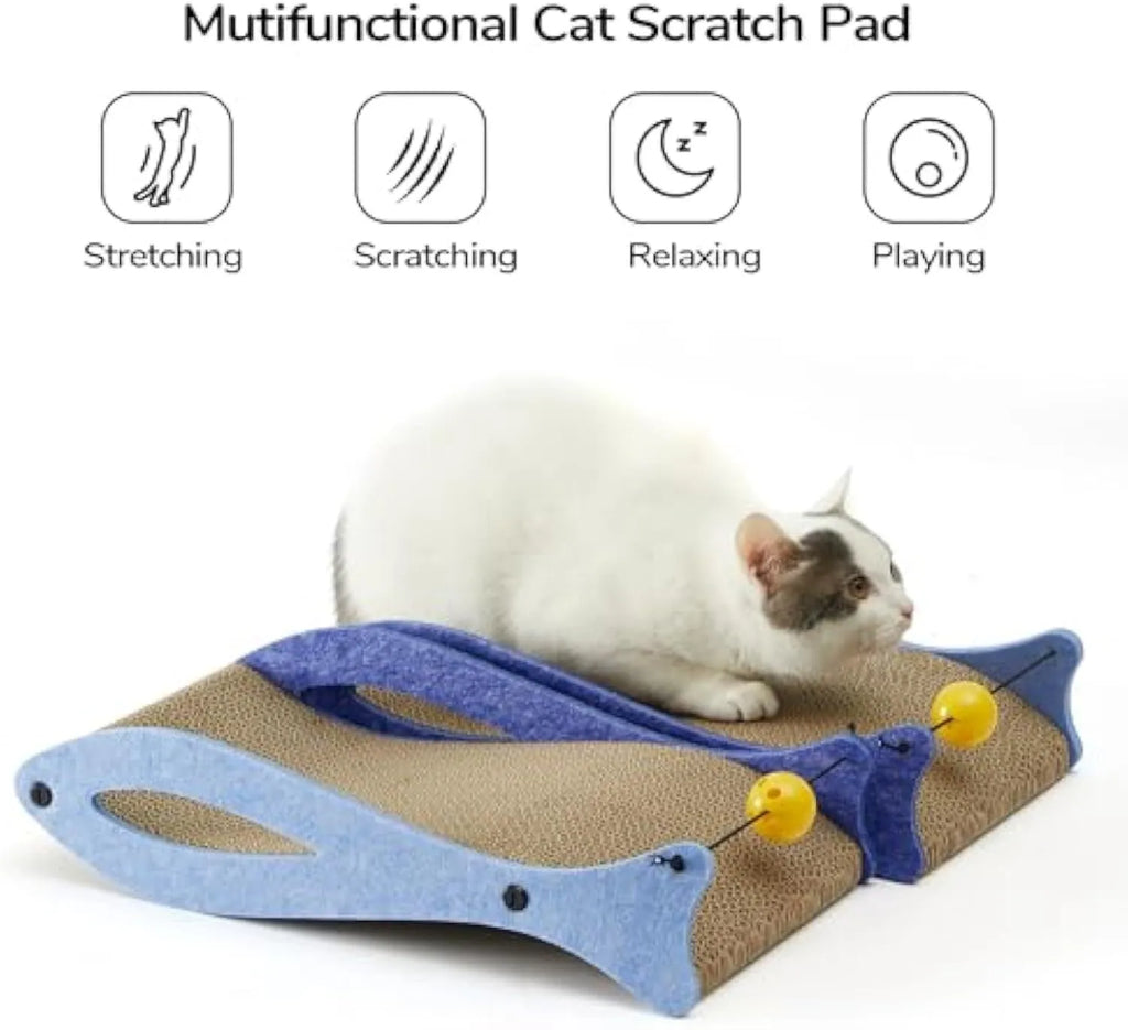 Blue fish-shaped cardboard cat scratcher with bell ball toys attached on elastic cord