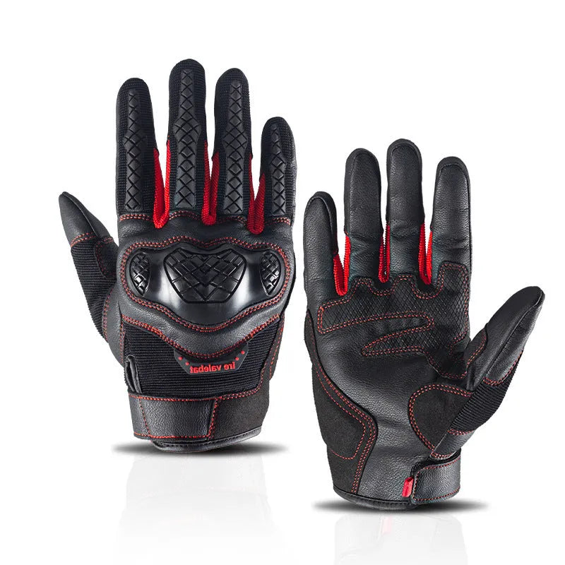 Men's universal leather motorcycle riding gloves in black, brown, green, red and grey colours, sizes S to XL