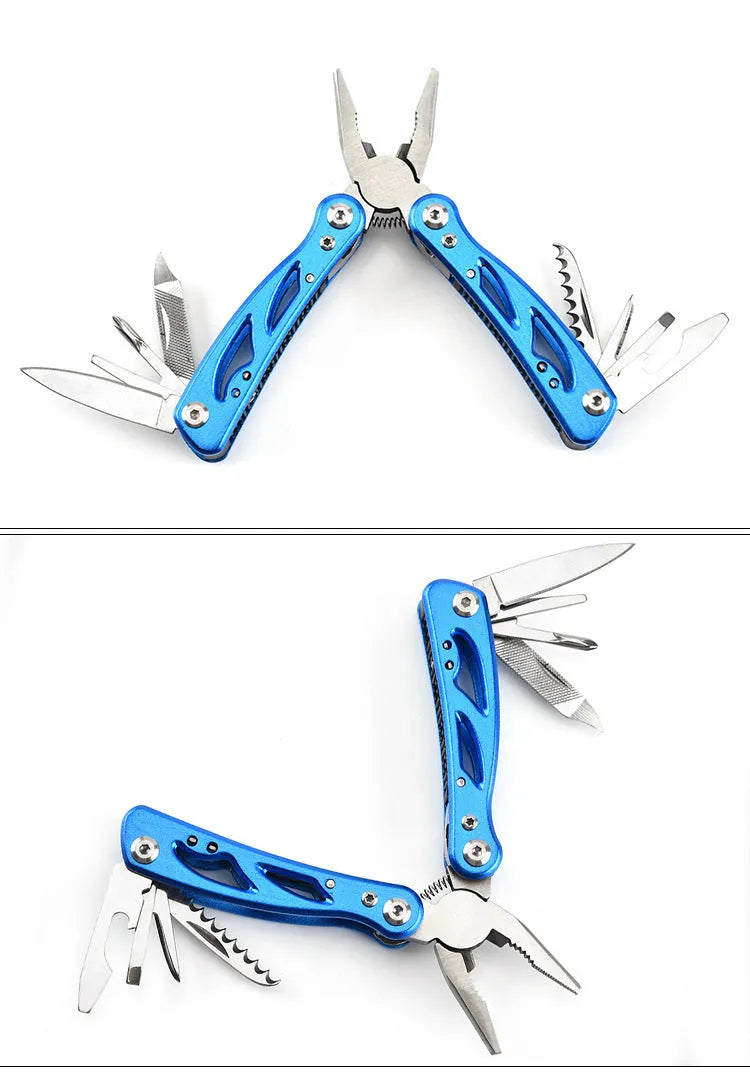 Blue multi-function folding pliers tool with a knife blade, shown folded and open next to its Oxford storage bag