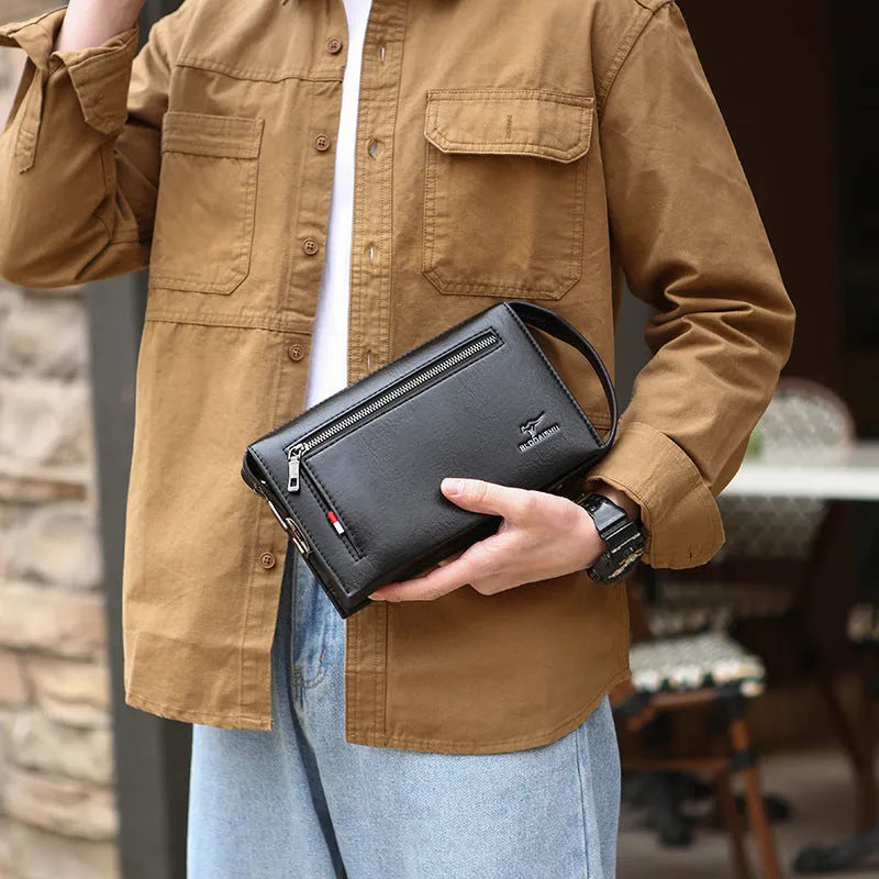 Men's large capacity PU clutch briefcase in solid black colour, front view