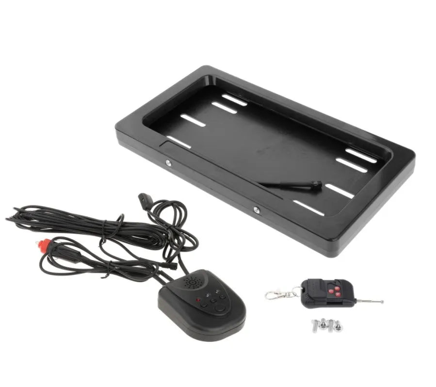 Black flipping license plate frame, 314 x 169 mm, for U.S. license plate size, iron and plastic construction.