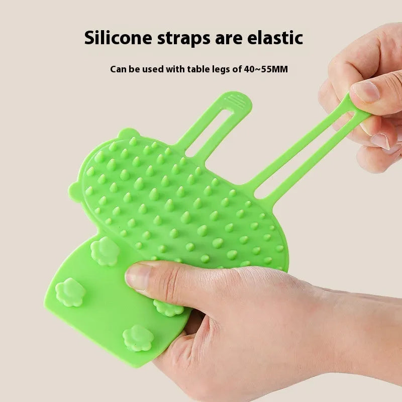 Silicone cat grooming and scratching comb with adjustable strap in black, green, pink, or yellow.