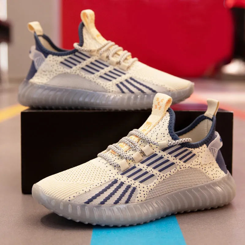 Men's white breathable flying fabric sports shoes with mesh lining and platform heel on a solid background