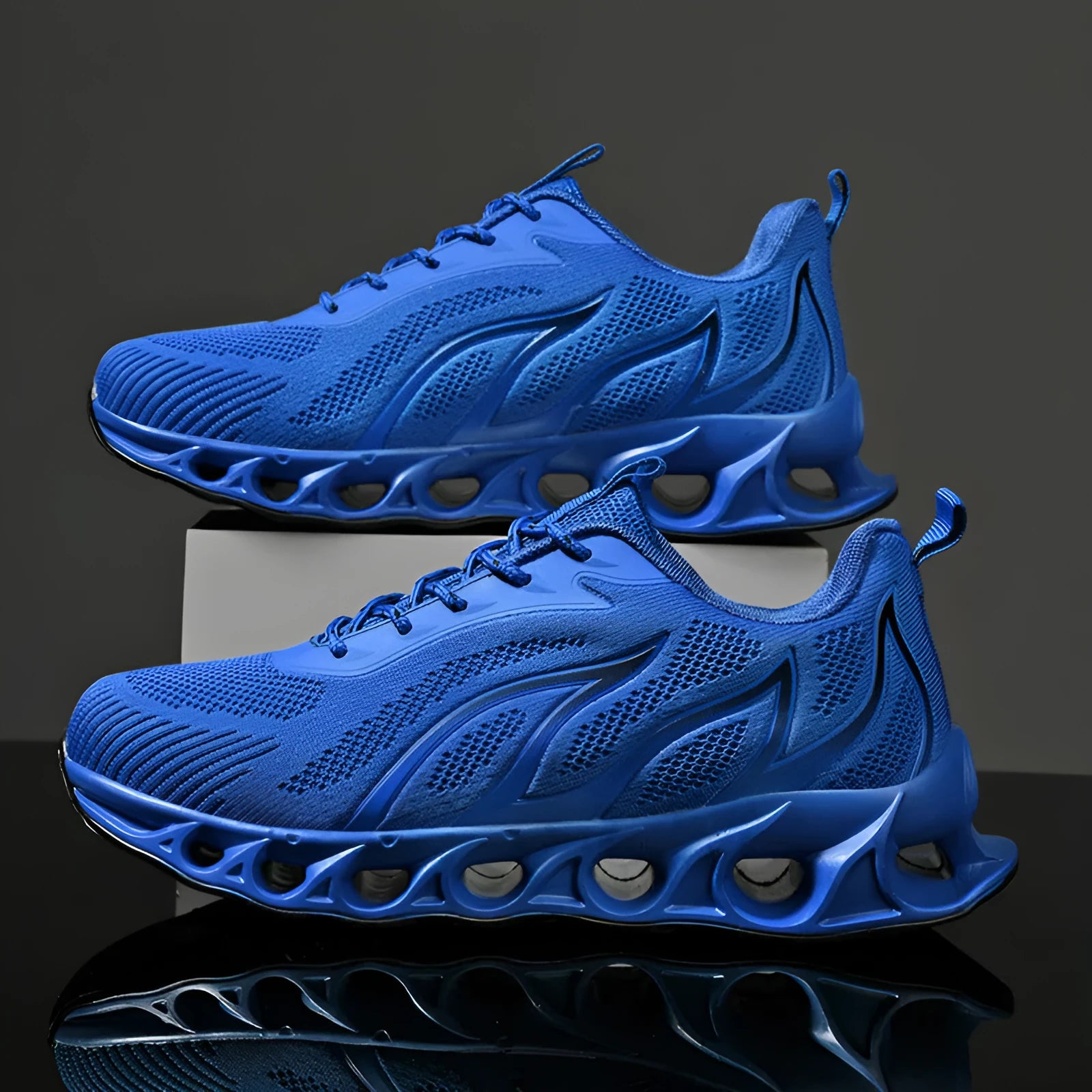 Men's casual flame shoes in sapphire blue with lace-up front and mesh upper on a white background.