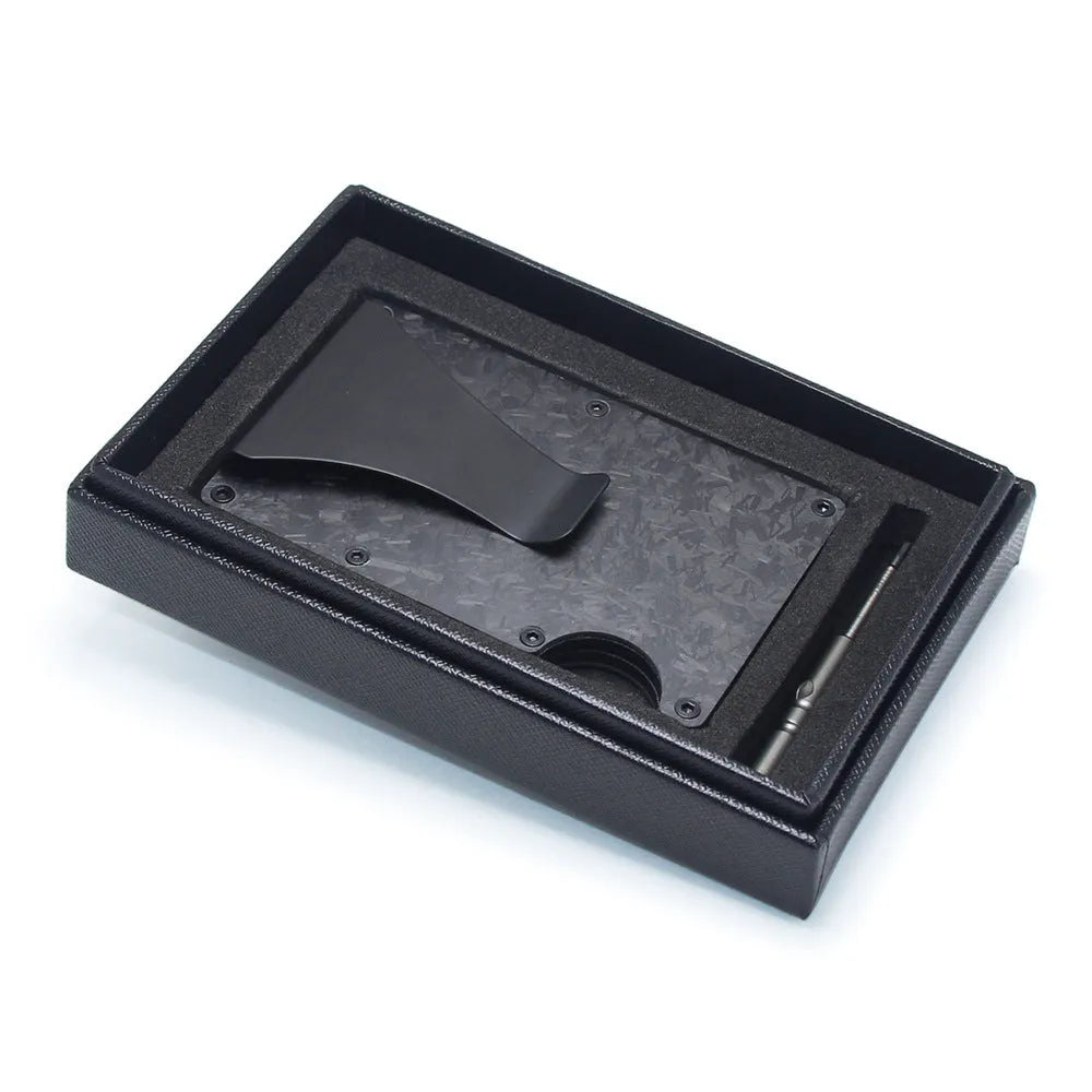 Geometric card holder in carbon fibre and aluminium, showing slim 8mm profile and capacity for multiple cards.