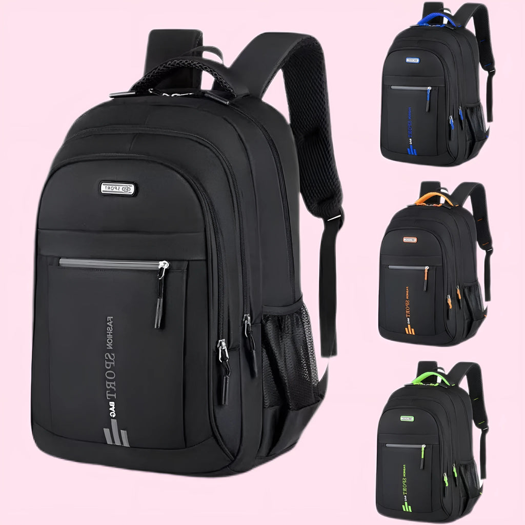 Black capacity business travel backpack with airpillow straps and sewing line detail.