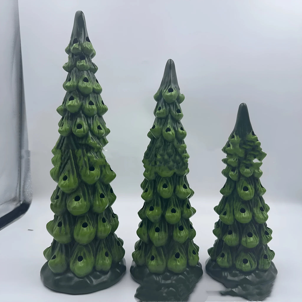 A European-style resin Christmas tree ornament with integrated coloured or warm LED lights, shown in 20cm, 25cm, and 30cm sizes.