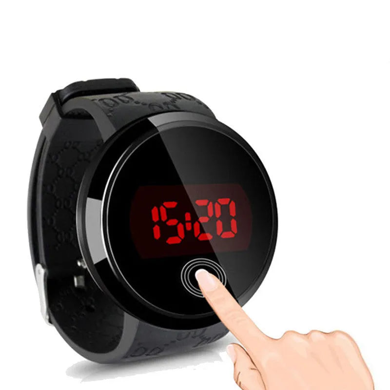 Men and women couple sports LED electronic touch watch with round glass dial and black PU strap