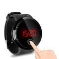 Men and women couple sports LED electronic touch watch with round glass dial and black PU strap
