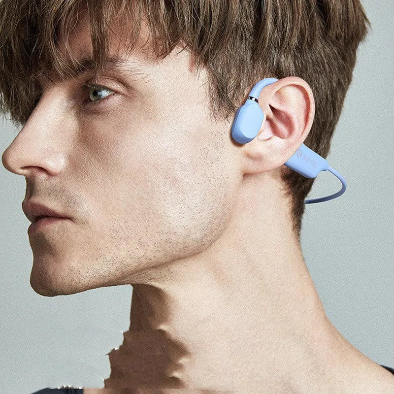 Wireless bone conduction Bluetooth sports headset in a neck-hanging design on a person running.
