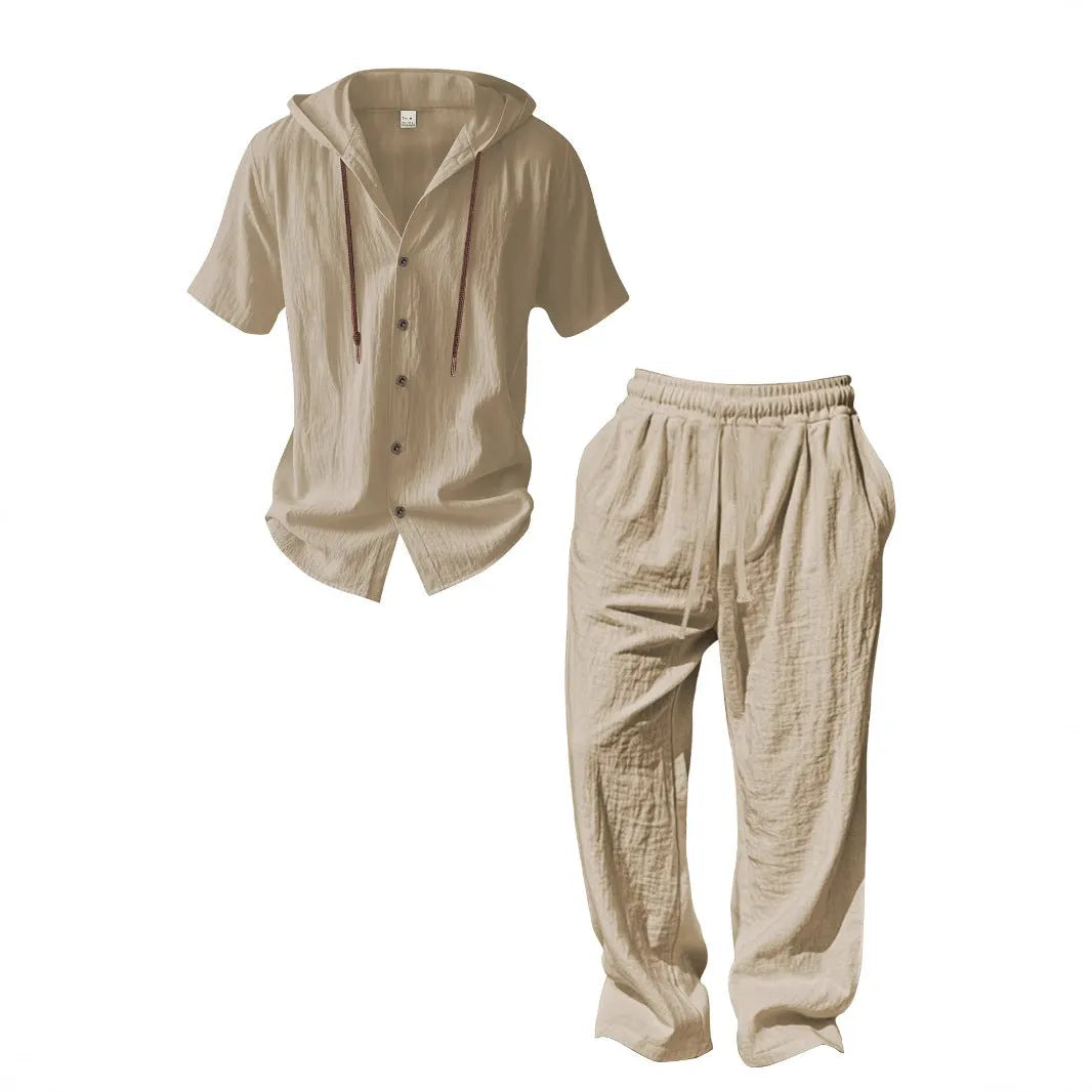 Men's two-piece cotton casual suit with long sleeves and trousers on a hanger