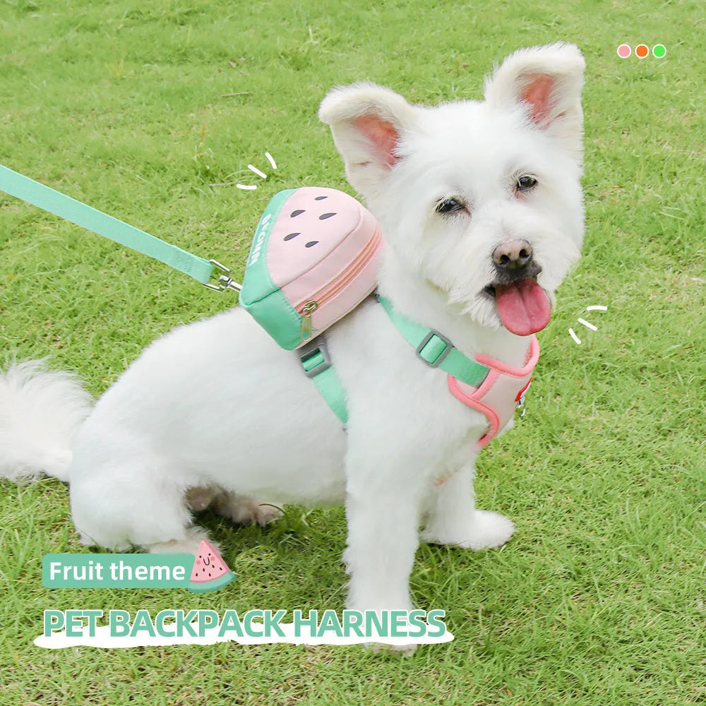 Pet backpack chest strap set with fruit design and anti-slip traction rope for dogs and cats
