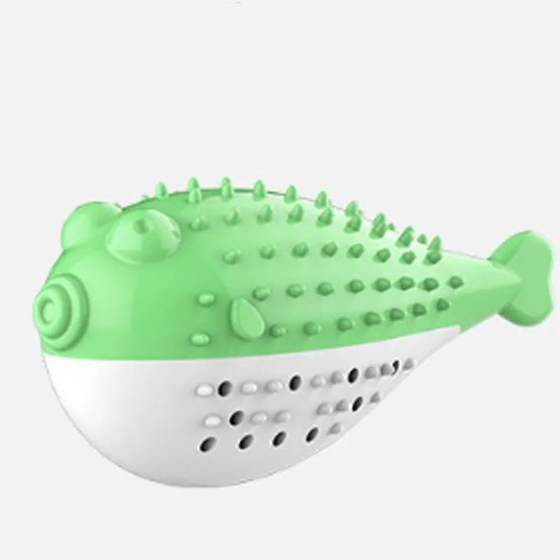 Blue silicone fish-shaped chew toy for cats on a plain background.